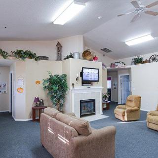 A cozy living room with sofas, chairs, a fireplace, and a television.