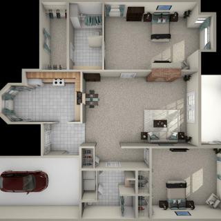 A 3D rendered floor plan of a house showcasing various rooms and a garage.