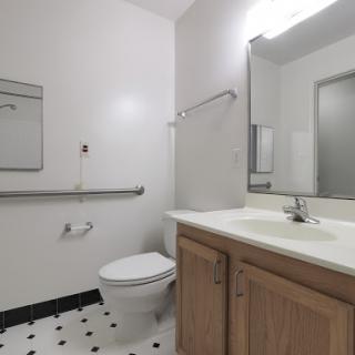 A clean and simple bathroom featuring a toilet, sink, and safety grab bars.