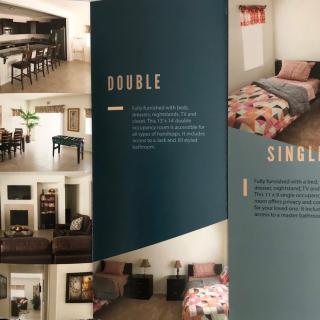 A brochure showcasing double and single room accommodations with various interior design features.