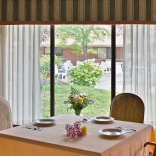 A dining table is elegantly set with plates and flowers, positioned by a large window offering a view of greenery outside.