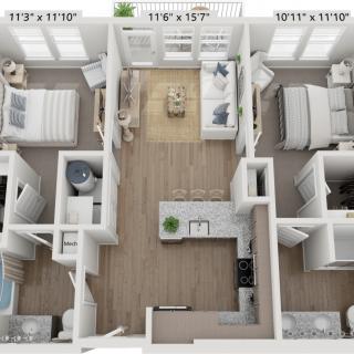 A modern two-bedroom apartment floor plan showcasing a spacious layout with a living area, kitchen, and bathrooms.