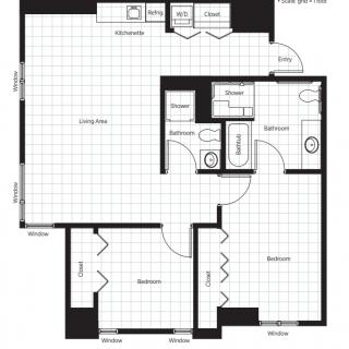 A detailed floor plan of a one-bedroom apartment featuring a kitchen, living area, bedroom, and bathroom.