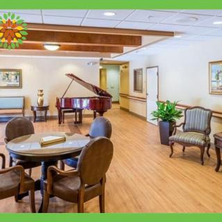 A cozy lobby area with a grand piano, seating arrangement, and decorative plants.