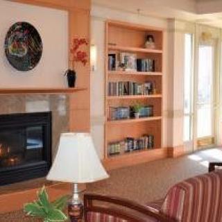 A cozy living room featuring a fireplace, built-in bookshelves, and comfortable seating.