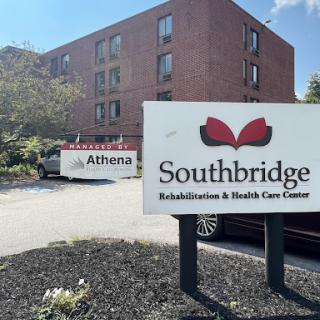 The entrance to Southbridge Rehabilitation & Health Care Center, featuring a prominent sign.