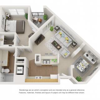 A 3D floor plan of a modern apartment, showcasing an open living and dining area, kitchen, bedroom, and bathroom.
