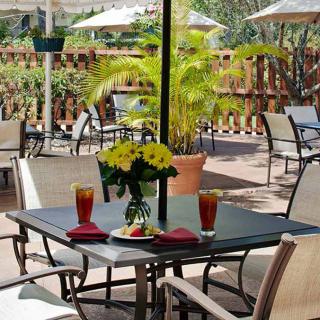 An inviting outdoor seating area with a table set for two, featuring flowers and drinks under the shade of umbrellas.