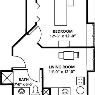 A floor plan of an apartment showing a bedroom, living room, and bathroom with dimensions.