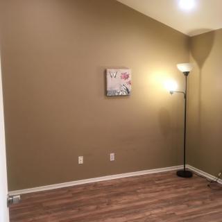 A minimalistic room with a floor lamp, small wall painting, and wooden flooring.