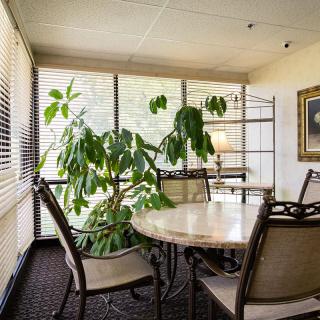 A cozy dining room with a round table, surrounded by chairs and lush indoor plants near large windows.