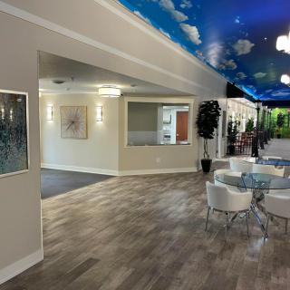A modern lobby with a unique sky-themed ceiling, seating area, and decorative plants.