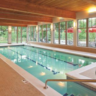 A serene indoor swimming pool with large windows and wooden ceiling beams.