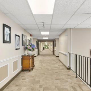 A well-lit hallway with artwork on the walls and a carpeted floor.