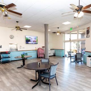 A spacious and inviting common area featuring seating arrangements, ceiling fans, and a television.