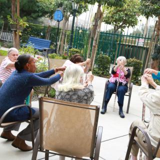 A group of seniors engaged in a lively outdoor discussion.