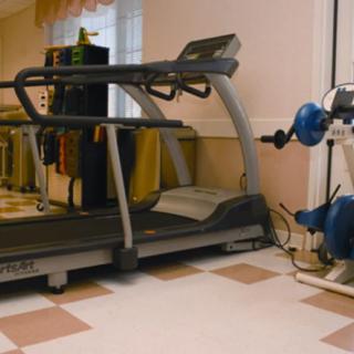 A treadmill and other exercise equipment in a gym setting.