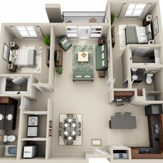 A 3D floor plan rendering of a two-bedroom apartment with modern interior design.