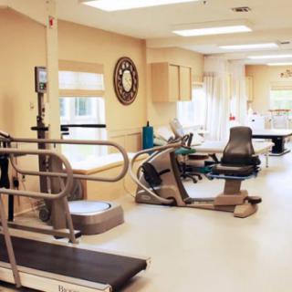 A physical therapy clinic with various exercise equipment.