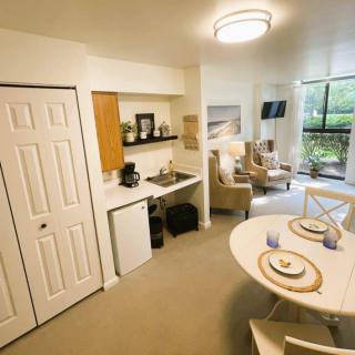 A modern apartment interior featuring a cozy living room, dining area, and kitchenette with ample natural light.