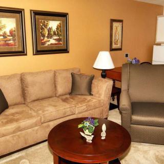 A cozy living room with a sofa, armchair, and coffee table, decorated with paintings and a lamp.