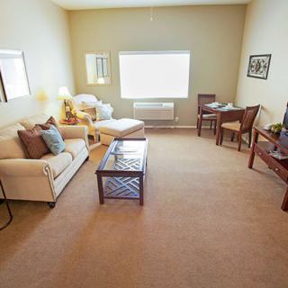 A cozy living room with sofas, chairs, and a central coffee table, illuminated by natural light from a large window.
