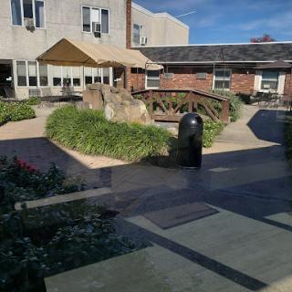 A sunny courtyard featuring greenery, pathways, and surrounding buildings.