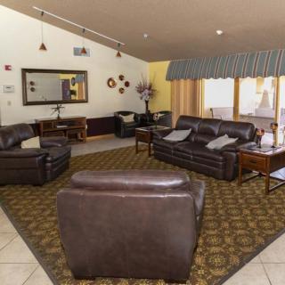 A cozy living room with dark leather sofas and an armchair, centered around a patterned carpet.