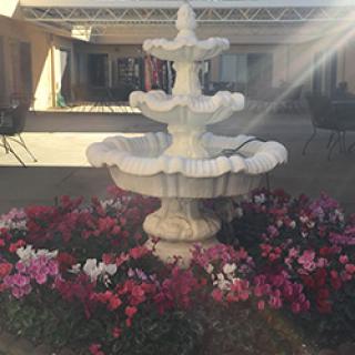 A beautiful fountain surrounded by colorful flowers in a garden setting.