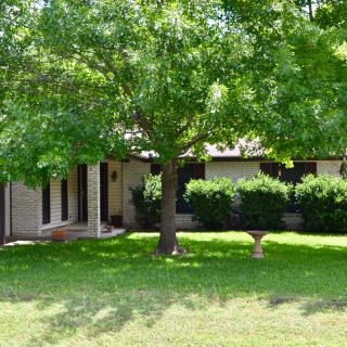 A cozy house with a large tree and a lush green lawn.