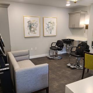 A modern salon interior with chairs and artwork on the walls.