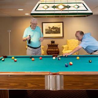 Two men enjoying a game of billiards in a cozy room.