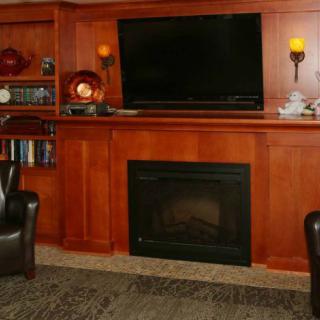 A cozy living room with a wooden-paneled wall featuring a fireplace, television, and bookshelf.