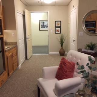 Cozy living room with a comfortable chair, decorative plants, and framed artwork.