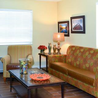 A cozy living room with a sofa, armchair, and coffee table accented by warm lighting and decorative elements.