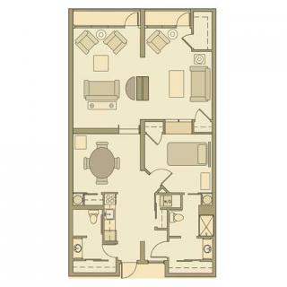 A floor plan of a two-bedroom apartment with living and dining areas.