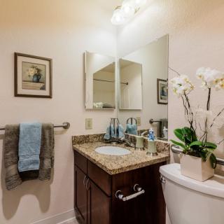 A well-decorated bathroom with a granite countertop, mirror, and stylish decor.