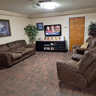 A cozy living room with sofas, a TV, and decorative plants.