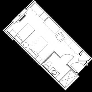 This image depicts a floor plan layout of a single-room apartment with designated areas for sleeping, seating, and a bathroom.