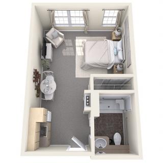 A 3D floor plan of a compact studio apartment featuring a bedroom area, living space, and bathroom.