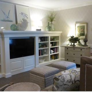 A cozy living room with bookshelves, a television, and stylish decor.