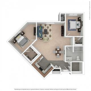 This image shows a detailed floor plan of an apartment, including living room, kitchen, two bedrooms, and a bathroom.