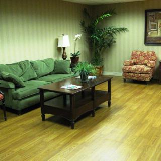 A cozy living room with a green sofa, patterned armchair, and wooden coffee table.