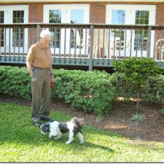 An elderly man enjoying time with his dog in the backyard.