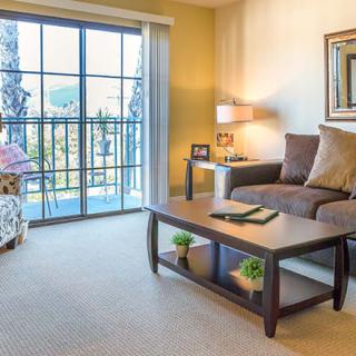 A cozy living room with a sofa, coffee table, and large window overlooking the outdoors.