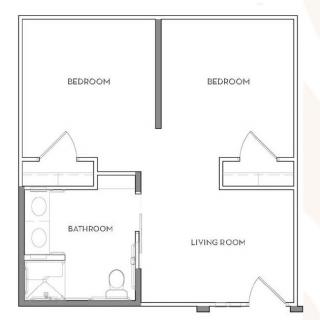 A simple floor plan showing two bedrooms, a bathroom, and a living room.