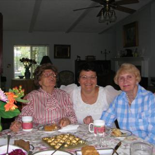 Three people enjoying a meal together at a dining table.