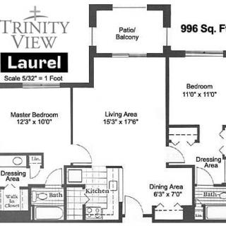 A detailed floor plan of a two-bedroom apartment named 'Laurel' at Trinity View, showing the layout including a living area, kitchen, dining area, bedrooms, bathroom, and balcony.