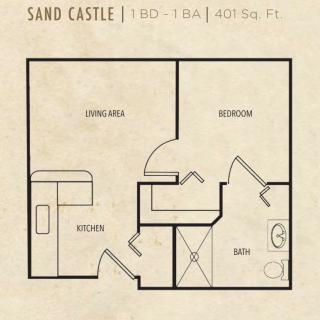 A floor plan for a one-bedroom, one-bathroom apartment labeled 'Sand Castle'.