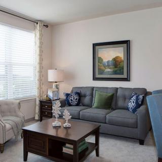 A cozy living room with a gray sofa, coffee table, and artwork on the wall.